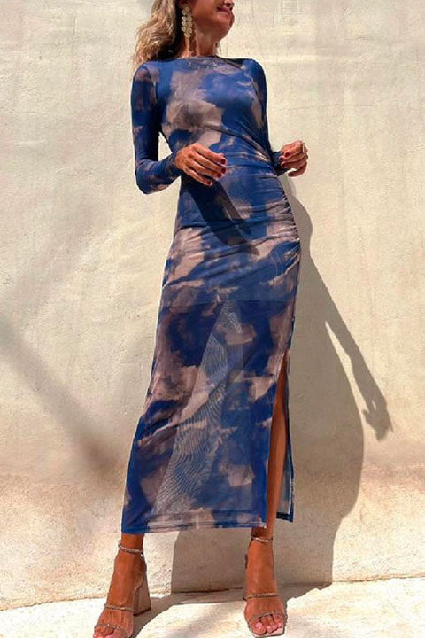 Chicest Long Sleeve Ruched Side Slit Tie Dye Maxi Dress