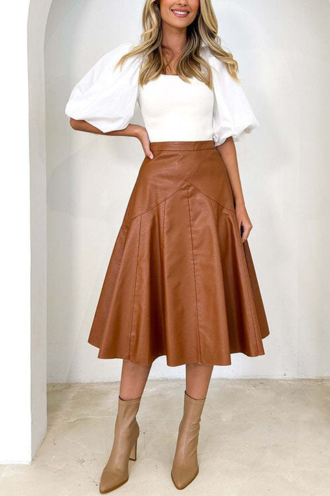 Karleedress High Waist Faux Leather A-line Flare Midi Skirt