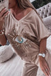 Karleedress Sequin Pattern V Neck Short Sleeve Top with Pocketed Pants Casual Set