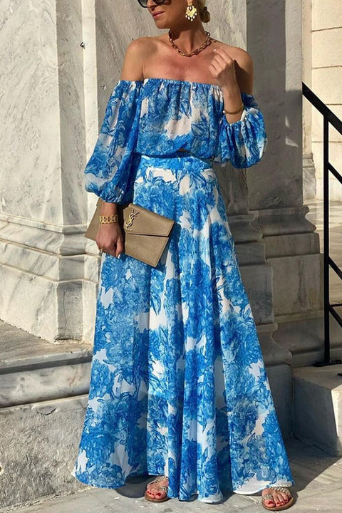 Karleedress Off Shoulder Lantern Sleeves Printed Flowy Maxi Dress