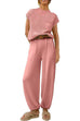 Karleedress Short Sleeves Ribbed Knit Pullover Ruched Harem Pants Set