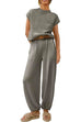 Karleedress Short Sleeves Ribbed Knit Pullover Ruched Harem Pants Set