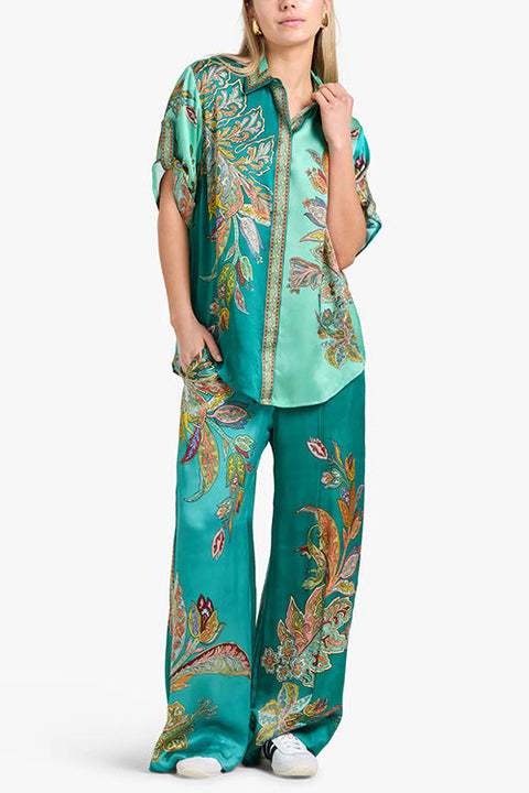 Karleedress Roll Up Short Sleeves Shirt and Wide Leg Pants Printed Satin Set