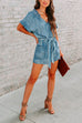 Karleedress V Neck Short Sleeves Tie Waist Pockets Denim Romper