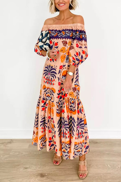 Karleedress Off Shoulder Lantern Sleeves Printed Ruffle Maxi Dress