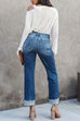 Karleedress High Waist Straight Leg Ripped Denim Pants