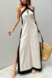 Karleedress Halter Backless Side Split Color Block Cotton Linen Maxi Dress