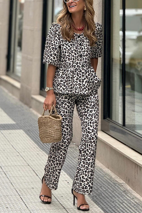 Karleedress Half Sleeves Button Up Ruffle Shirt and Straight Leg Pants Leopard Set