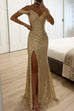 Karleedress V Neck Cold Shoulder High Slit Sequin Maxi Prom Dresses