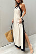 Karleedress Halter Backless Side Split Color Block Cotton Linen Maxi Dress