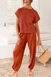 Karleedress Short Sleeves Ribbed Knit Pullover Ruched Harem Pants Set