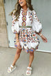 Karleedress Lantern Sleeves Button Up Waisted Bohemia Print Mini Dress