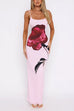 Karleedress U Neck Spaghetti Strap Rose Print Maxi Bodycon Dress