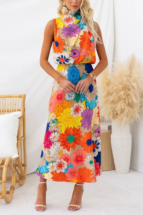 Karleedress Sleeveless Tie Neck Waisted Floral Print Maxi Dress