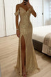 Karleedress V Neck Cold Shoulder High Slit Sequin Maxi Prom Dresses