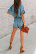 Karleedress V Neck Short Sleeves Tie Waist Pockets Denim Romper