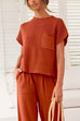 Karleedress Short Sleeves Ribbed Knit Pullover Ruched Harem Pants Set