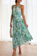 Karleedress V Neck Waisted Cut Out Floral Pleated Maxi Dress