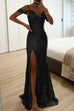 Karleedress V Neck Cold Shoulder High Slit Sequin Maxi Prom Dresses