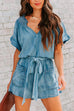 Karleedress V Neck Short Sleeves Tie Waist Pockets Denim Romper