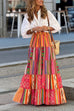 Karleedress Elastic Waist Ruffle Tiered Color Block Printed Maxi Skirt