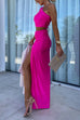 Karleedress One Shoulder Sleeveless Cut Out Waist High Slit Maxi Dress