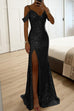 Karleedress V Neck Cold Shoulder High Slit Sequin Maxi Prom Dresses