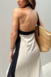 Karleedress Halter Backless Side Split Color Block Cotton Linen Maxi Dress