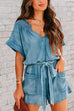 Karleedress V Neck Short Sleeves Tie Waist Pockets Denim Romper