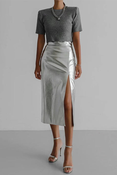 Karleedress High Waist Slit Front Faux Leather Midi Skirt