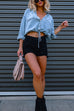 Karleedress Long Sleeves Drawstring Hem Cropped Denim Shirt