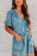 Karleedress V Neck Short Sleeves Tie Waist Pockets Denim Romper