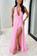 Karleedress Deep V Neck Halter Tie Knot Backless Slit Maxi Dress