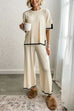 Karleedress Color Block Short Sleeves Side Split Pullover Wide Leg Pants Knitting Loungewear Set