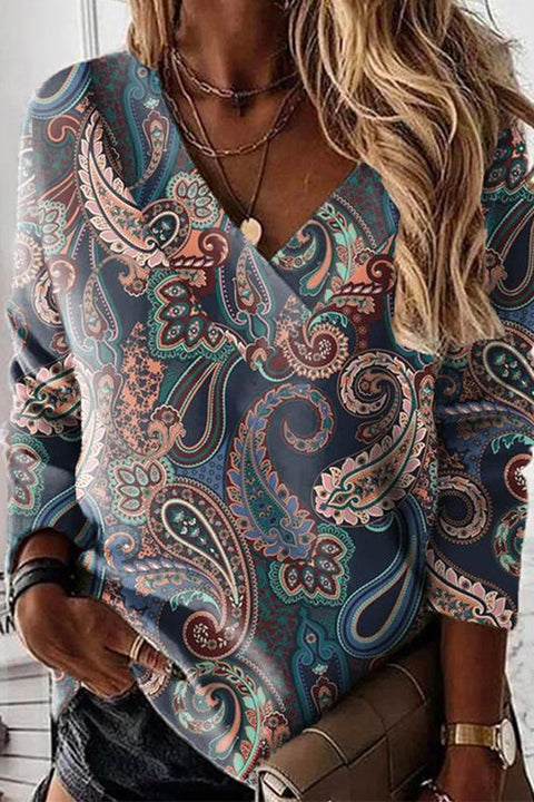 Karleedress V Neck Long Sleeves Unique Print Top