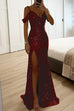 Karleedress V Neck Cold Shoulder High Slit Sequin Maxi Prom Dresses