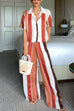 Karleedress Striped Short Sleeves Button Down Shirt Wide Leg Pants Set