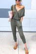 Karleedress V Neck Tie Waist Drawstring Joggers Jumpsuit