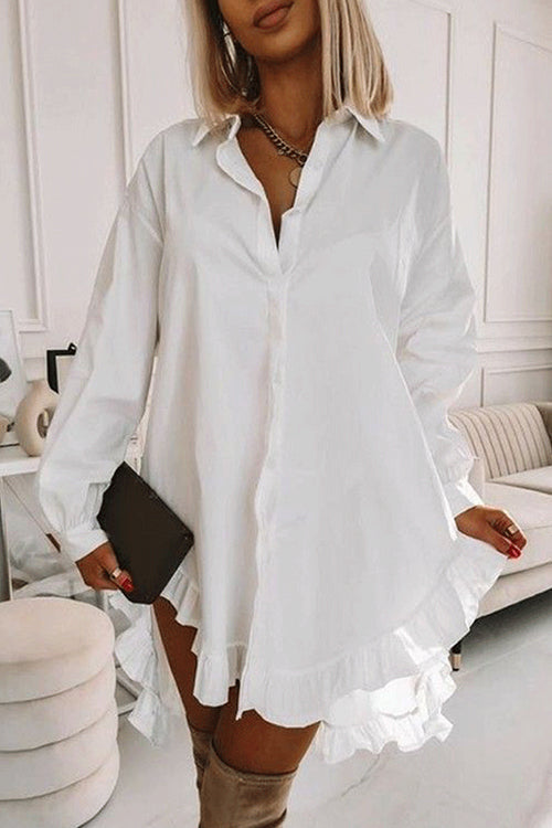 Karleedress Button Down Long Sleeves Curve Hem Ruffle Shirt