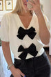 Karleedress V Neck Short Sleeves Bow Knot Knit Top