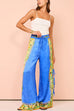 Karleedress Bow Tie Side Split Cami Top Wide Leg Pants Printed Satin Set