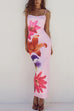 Karleedress Spaghetti Strap Back Slit Lily Print Bodycon Maxi Dress