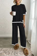 Karleedress Color Block Short Sleeves Side Split Pullover Wide Leg Pants Knitting Loungewear Set