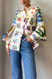 Karleedress Balloon Long Sleeve Graffiti Printed Blouse Shirt