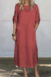 Karleedress Rolled Up Sleeves Pocketed Cotton Linen Maxi Shift Dress