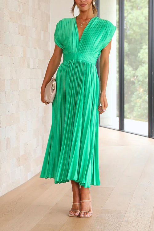 Karleedress Deep V Neck Waisted Maxi Pleated Swing Dress