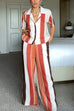 Karleedress Striped Short Sleeves Button Down Shirt Wide Leg Pants Set