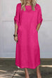 Karleedress Rolled Up Sleeves Pocketed Cotton Linen Maxi Shift Dress