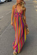 Karleedress V Neck Backless Rainbow Stripes Cami Maxi Holiday Dress