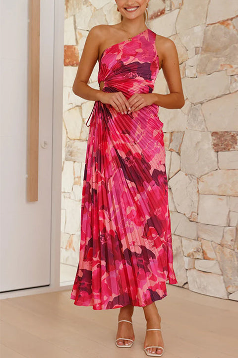 Karleedress One Shoulder Asymmetrical Pleated Floral Maxi Dress